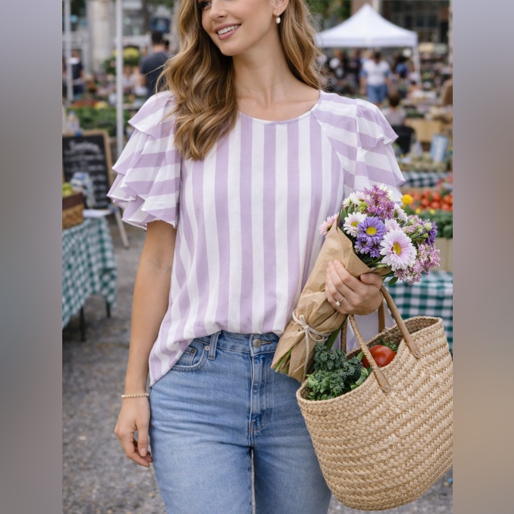 Cremieux Light Purple and White Striped Flutter Sleeve Top - Picture 2 of 9